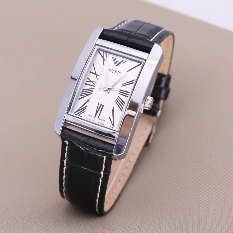 Small Black Silver Классические женские часы, японские кварцевые часы, модный браслет, роскошный бренд, кожаные часы для девочек, подарок на день рождения, коробка Julius 399 - Цвет: Small Black Silver
