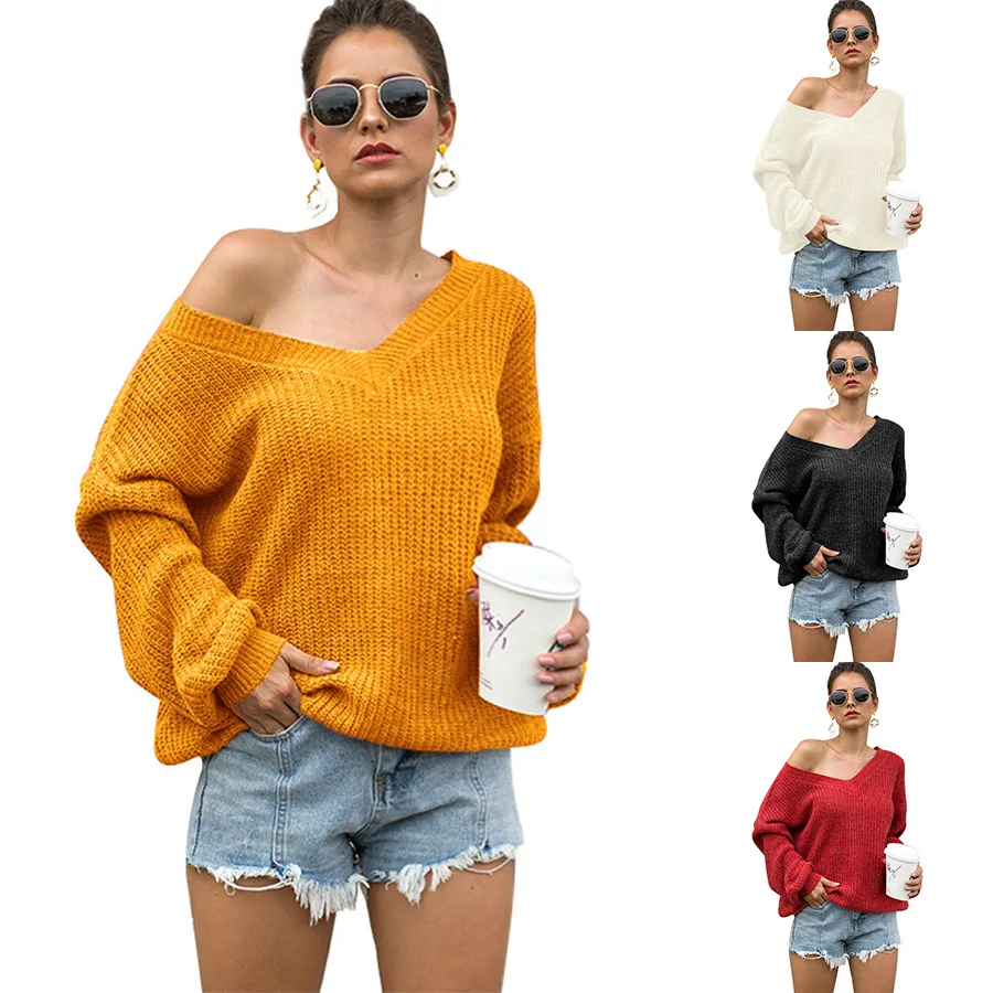 

V Neck Drop Shoulder Oversized Women Sweater Solid Loose Long Sleeve Tied Back Design Soft Pullovers Newest Style Women Tops