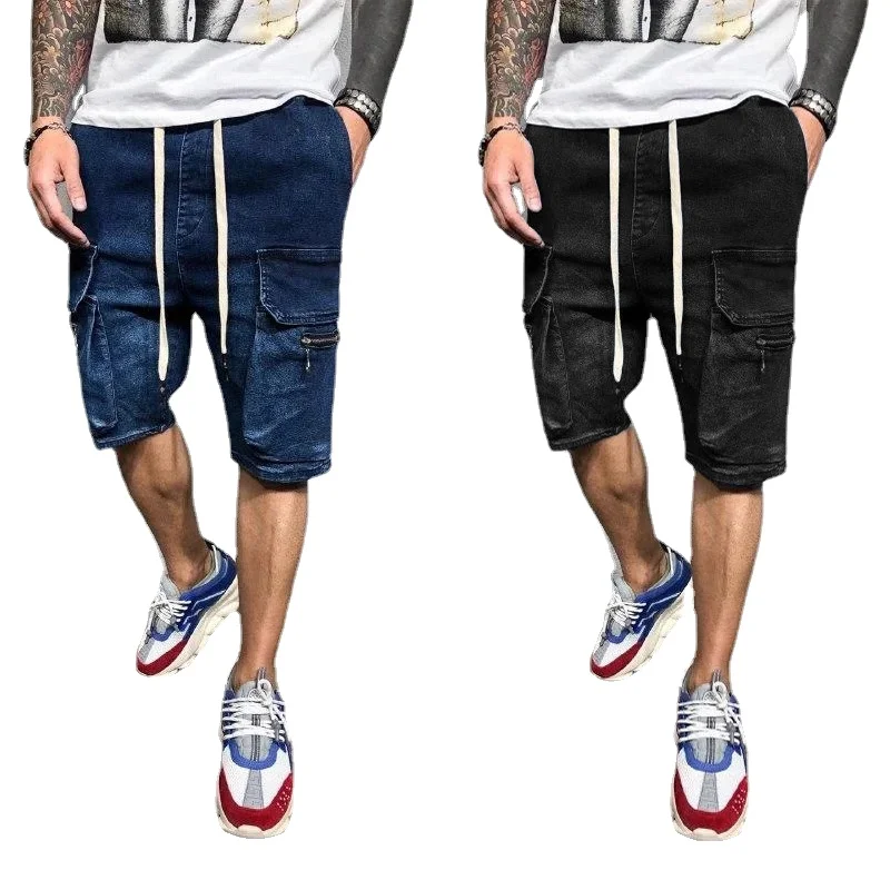 

Men Summer Denim Shorts Drawstring Waist Pockets Casual Jeans Short Pants Sweatpants