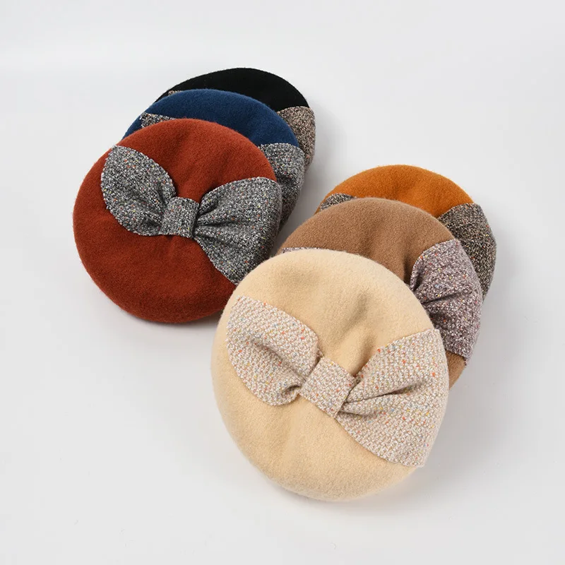 

British Style Hats For Women Autumn Winter Big Bow Decoration Wool Keep Warm Painter Hat Adult Unisex Men Cap Female Beret Hat