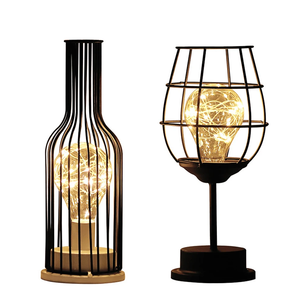 

LED Desk Lamp Wine Glass Bottle Table Night Iron Hollow Out Night Lamp Metal Wrought Iron Lamp Modern Home Decoration Lamp