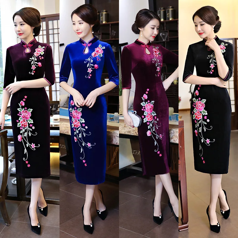 Осенние бархатные Тонкий Cheongsam элегантный китайский Стиль вечернее платье с