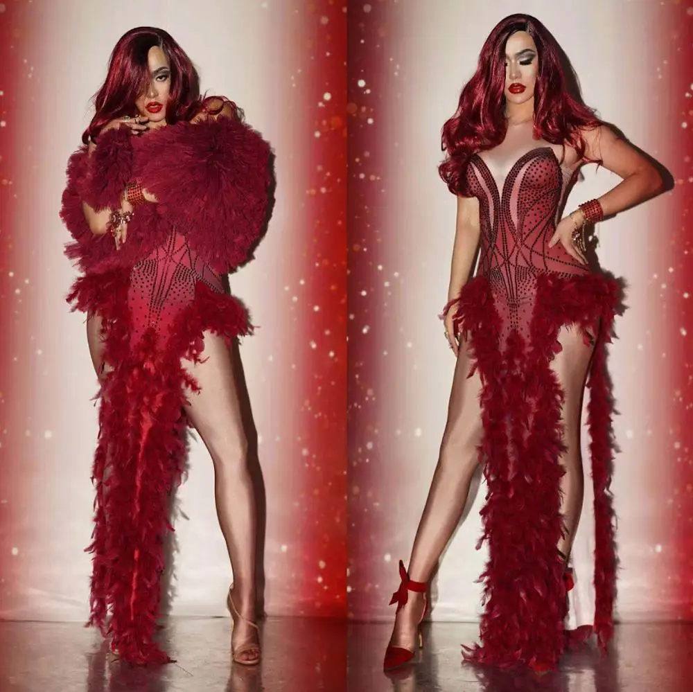 

2020 New Women Sexy Red Feather Dress Stretch Sleeveless Evening Outfit stage Chrismas Costume Birthday prom Celebrate Dress