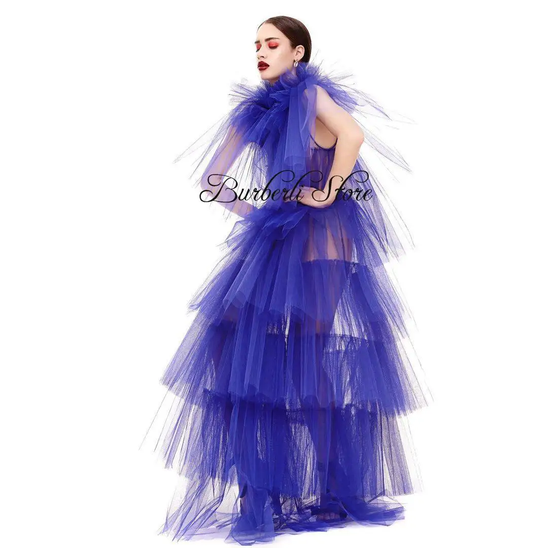 Sexy See Thru Navy Blue Tulle Women Party Dresses Pretty Ruffles Tiered Prom Gowns Open Front Fashion Summer Dressing