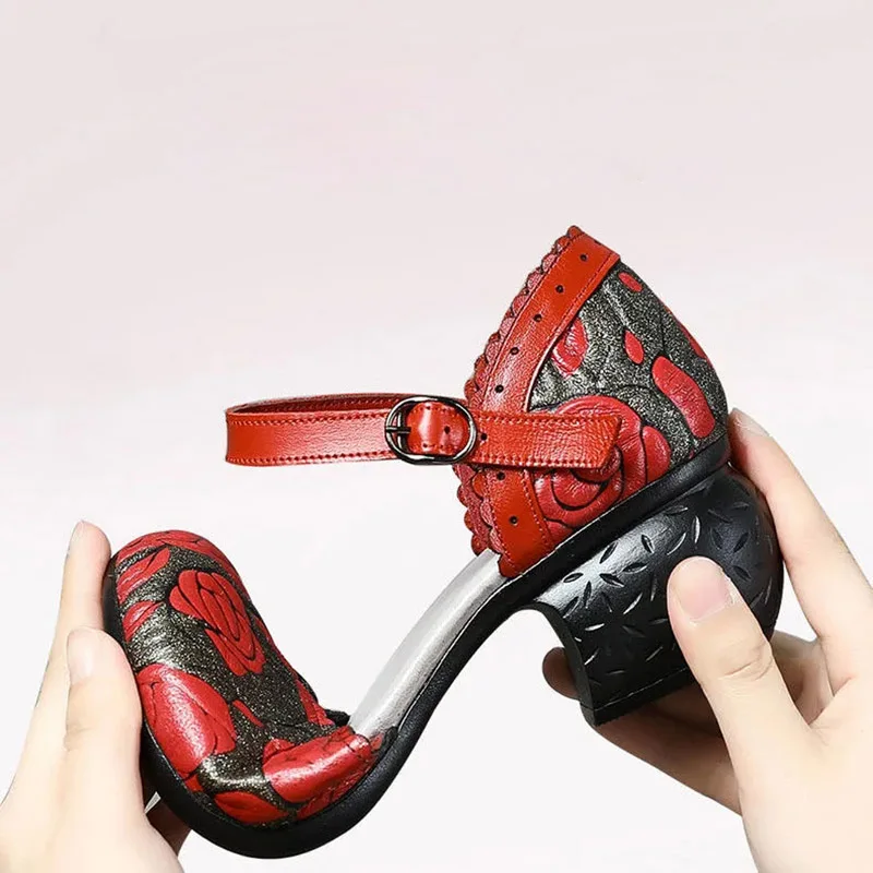 

Summer new mother shoes retro literature and art embossed sandals female thick mid-heel hollow leather handmade ethnic style