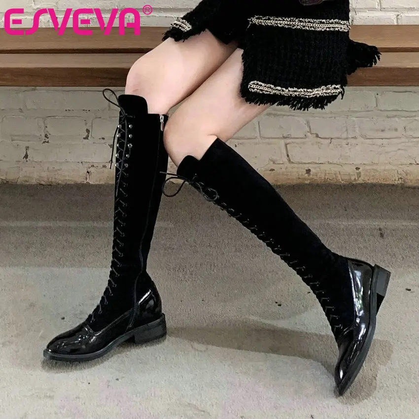 

ESVEVA 2021 All Match Zipper+Lace Up Square Low Heel PU Leather Knee High Boots Platform Women Boots Shoes Size 34-39