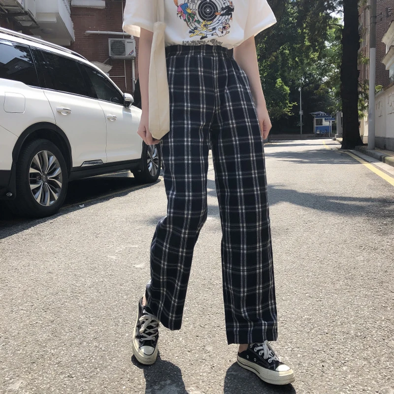 

Zoki Plaid Women Pants Simple Fashion Loose Straight Wide Leg Casual Slim and Thin Korean Street Hipster Female Summer New 2021