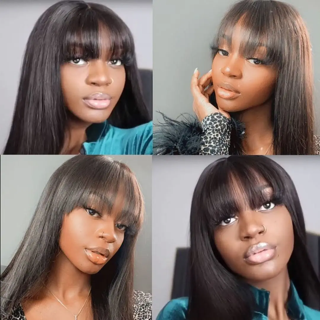 Straight Human Hair Wigs With Bangs For Women O Scalp Top Bob Wig Free Part Lace 10-18&quot Fringe | Шиньоны и парики