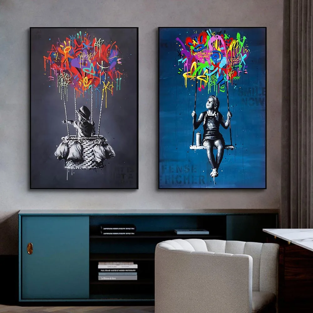 

3 Pics Abstract Banksy Street Graffiti Art Canvas Painting Poster And Prints Wall Art Pictures For Bedroom Hoom Decoration Mural