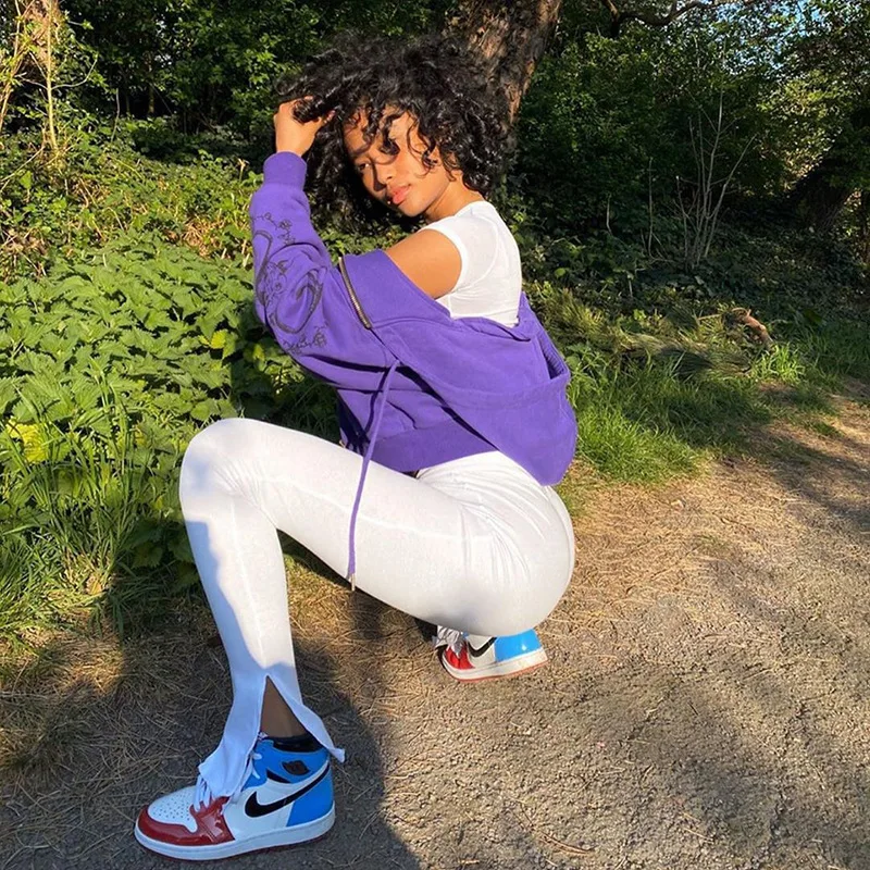 

2020 Ribbed Knitted High Waisted Sweat Pants for Women Sexy Stretch Side Slit Flare Pants Joggers Mujer