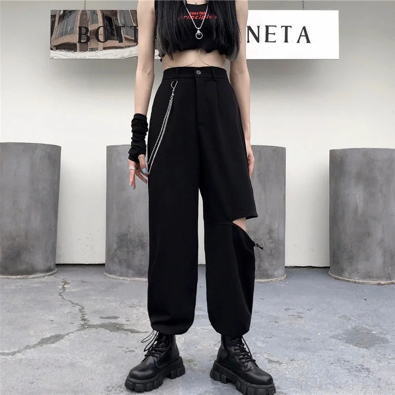 

QWEEK Gothic Punk Black Cargo Pants With Chain Women Mall Goth Streetwear Oversize Wide Leg Trousers For Female Hollow Out