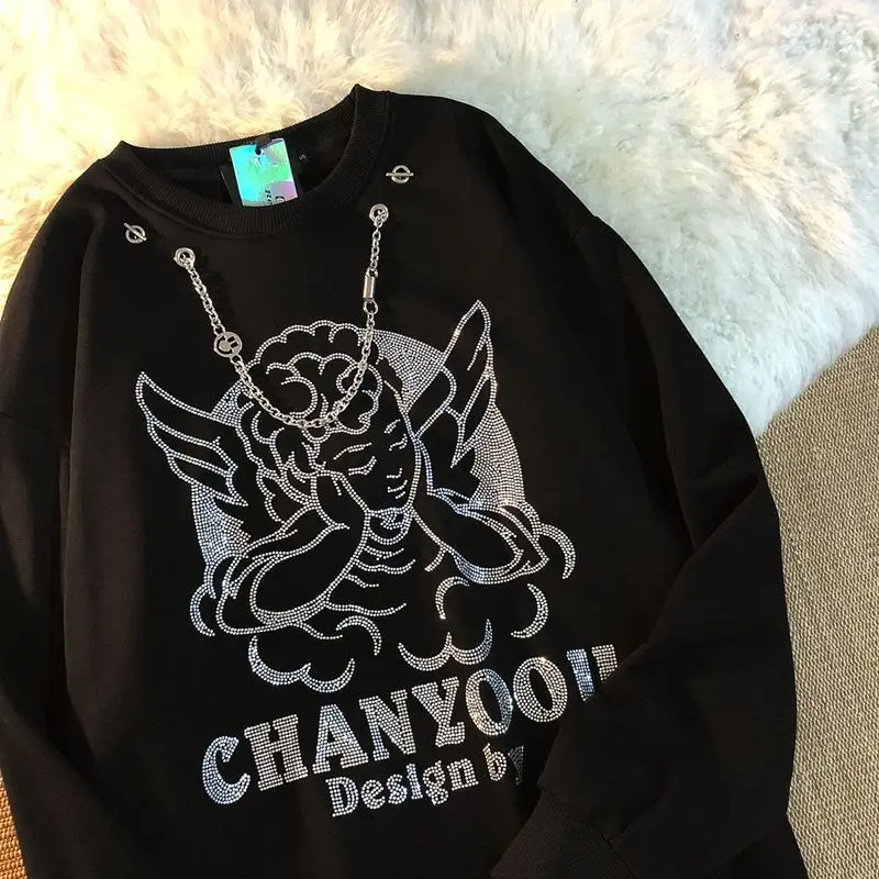 

Винтажный осенний весенний женский свитер от большого размера Повседневные пуловеры с принтом ангелов Стразы уличная одежда женская винта...