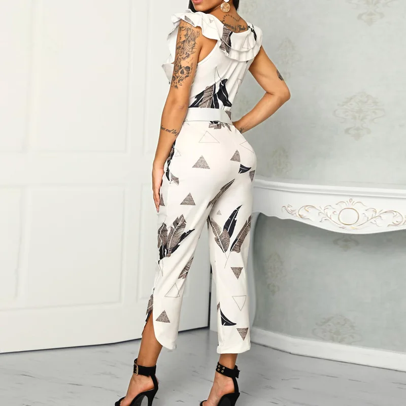 2019 Summer Holiday Jumpsuit Ruffles Beige Floral Print Ankle Length Pants Women MF936 | Женская одежда