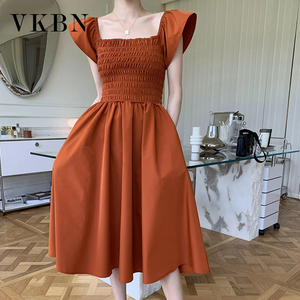 

VKBN Summer Dresses Women Waist Shirring Flying Sleeve Slash Neck Casual Pullover Party Dress Elegant Vestidos De Fiesta