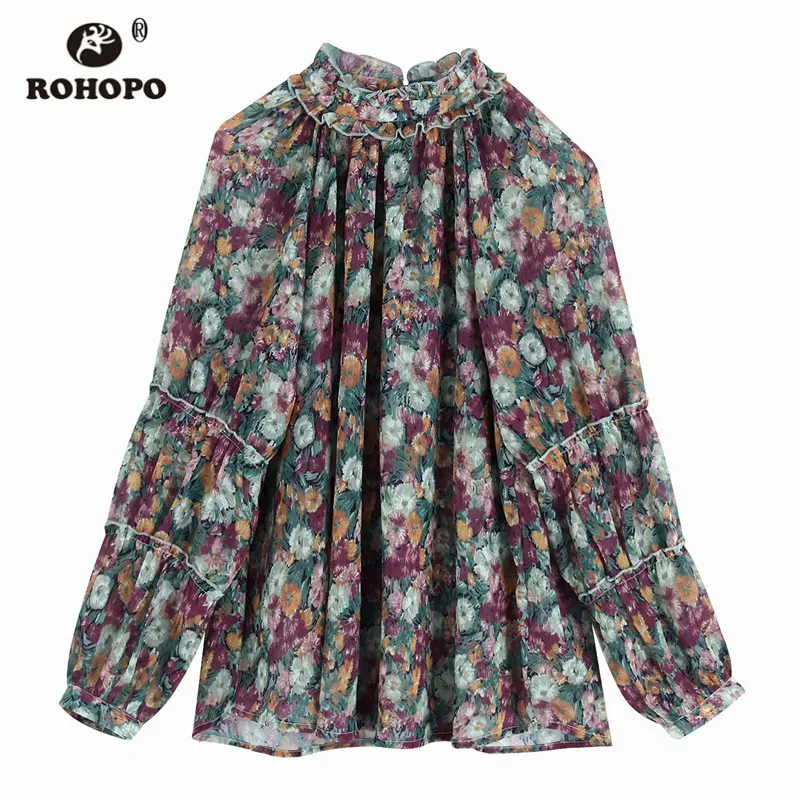 ROHOPO цветочные с длинным рукавом Блузка Полу Высокий воротник прозрачная оверлок