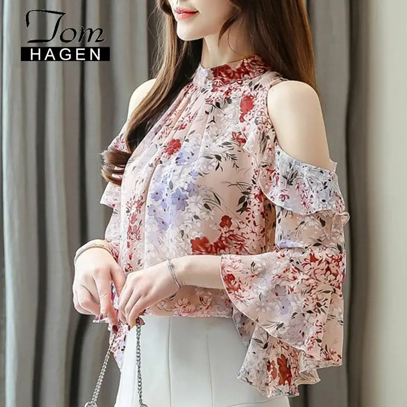 Женская шифоновая блузка с оборками рукавом-бабочкой и воротником-стойкой |