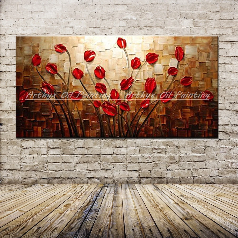 

Arthyx Hand Painted Textured Palette Knife Red Flower Oil Painting Abstract Modern Canvas Wall Art For Living Room Decor Picture