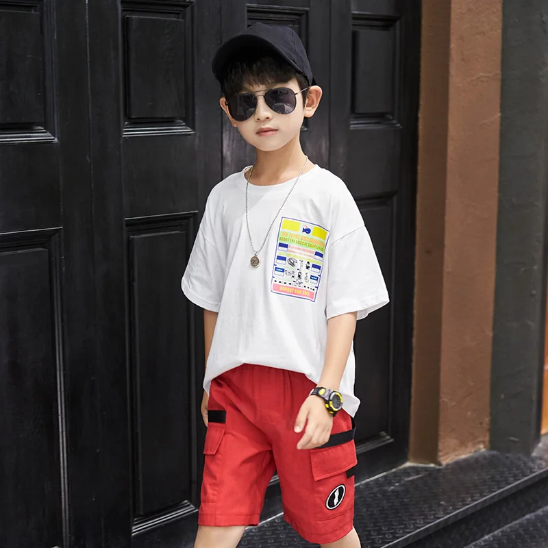 Red White Spring Summer Kids Clothes Suit Baby Boys T-Shirt+ Shorts 2pcs/Set Kids Teenage Top Sport Children's Day Gift Formal