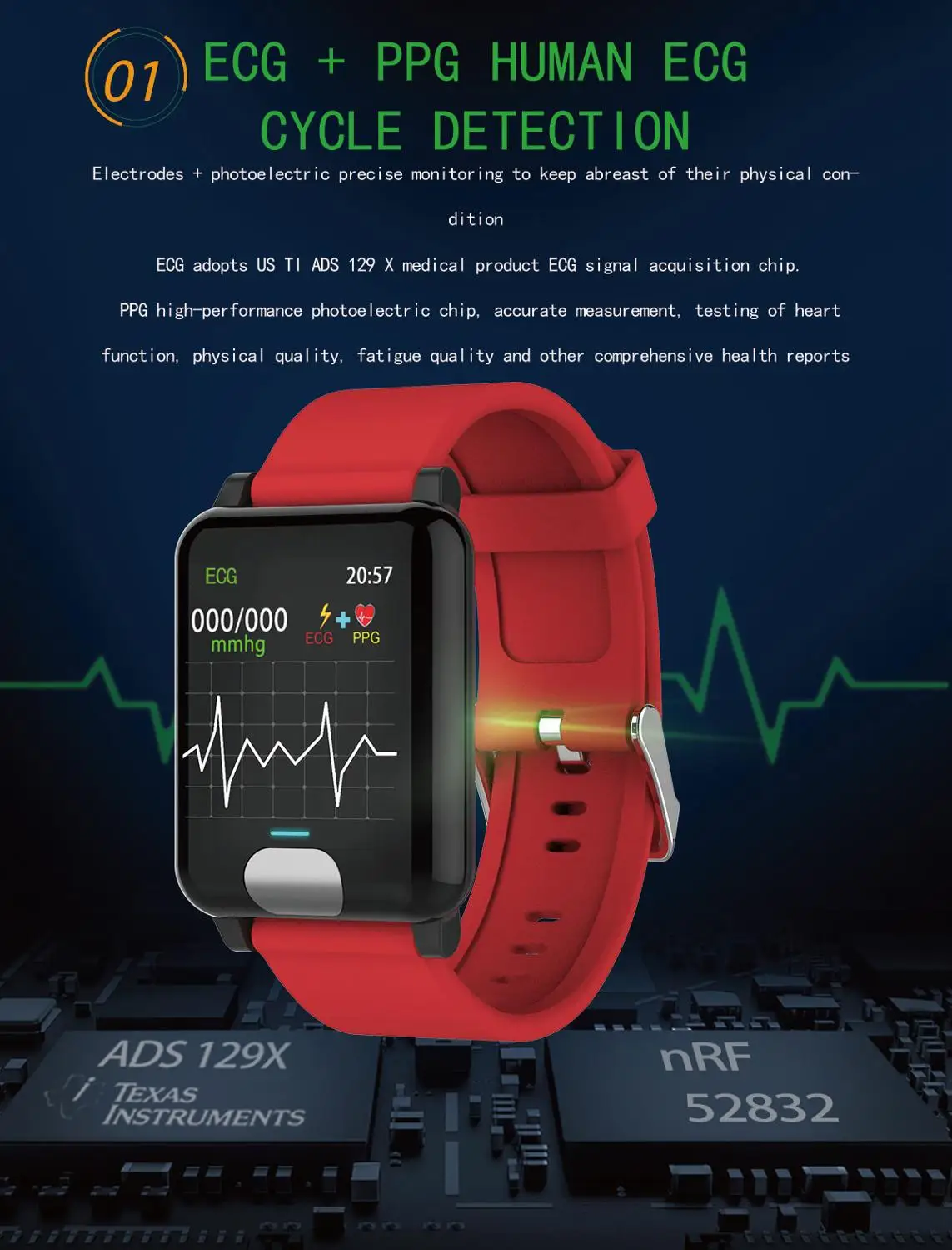 Умные часы ECG PPG с монитором кровяного давления электрокардиограммой пульсометр