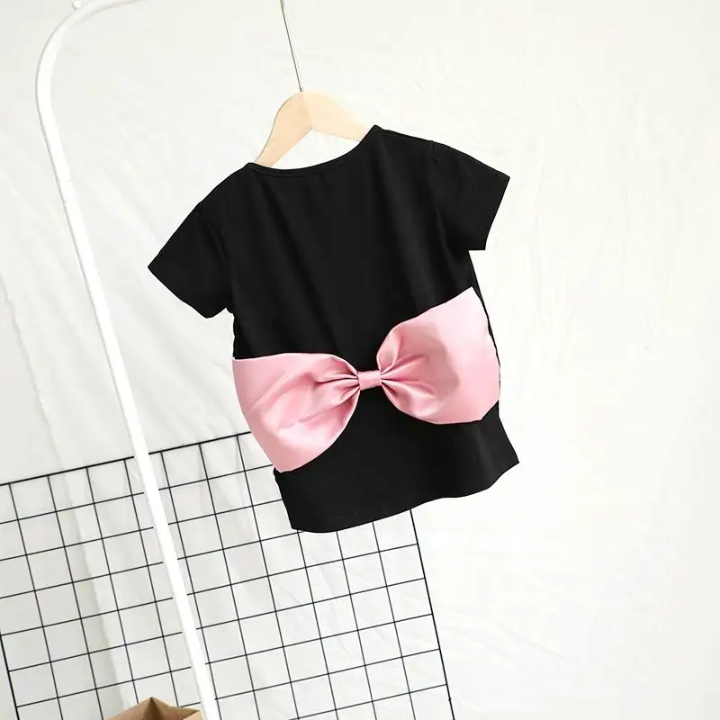 Camiseta de algod&oacute;n con lazo grande para madre e hija, camiseta negra de manga corta, conjuntos a juego para padres e hijos, ropa E7116-5