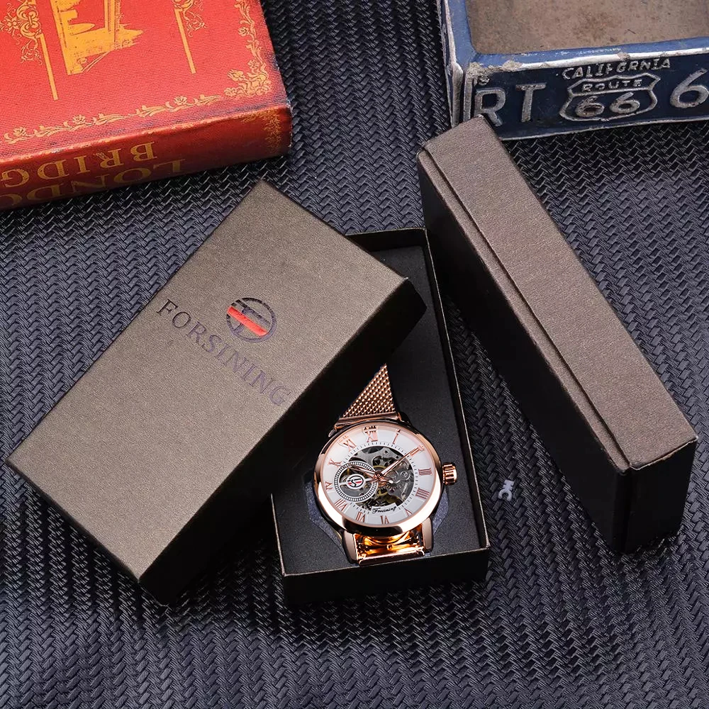 Forsining модные роскошные розовые золотые скелетоны женские механические часы с