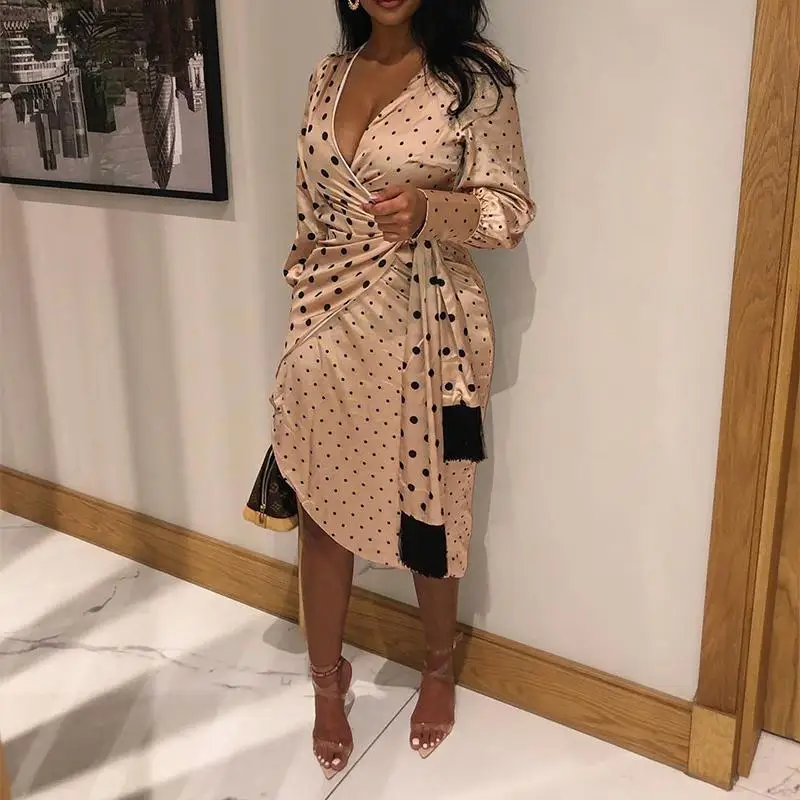 Платье в горошек с запахом женское атласное платье асимметричным длинным