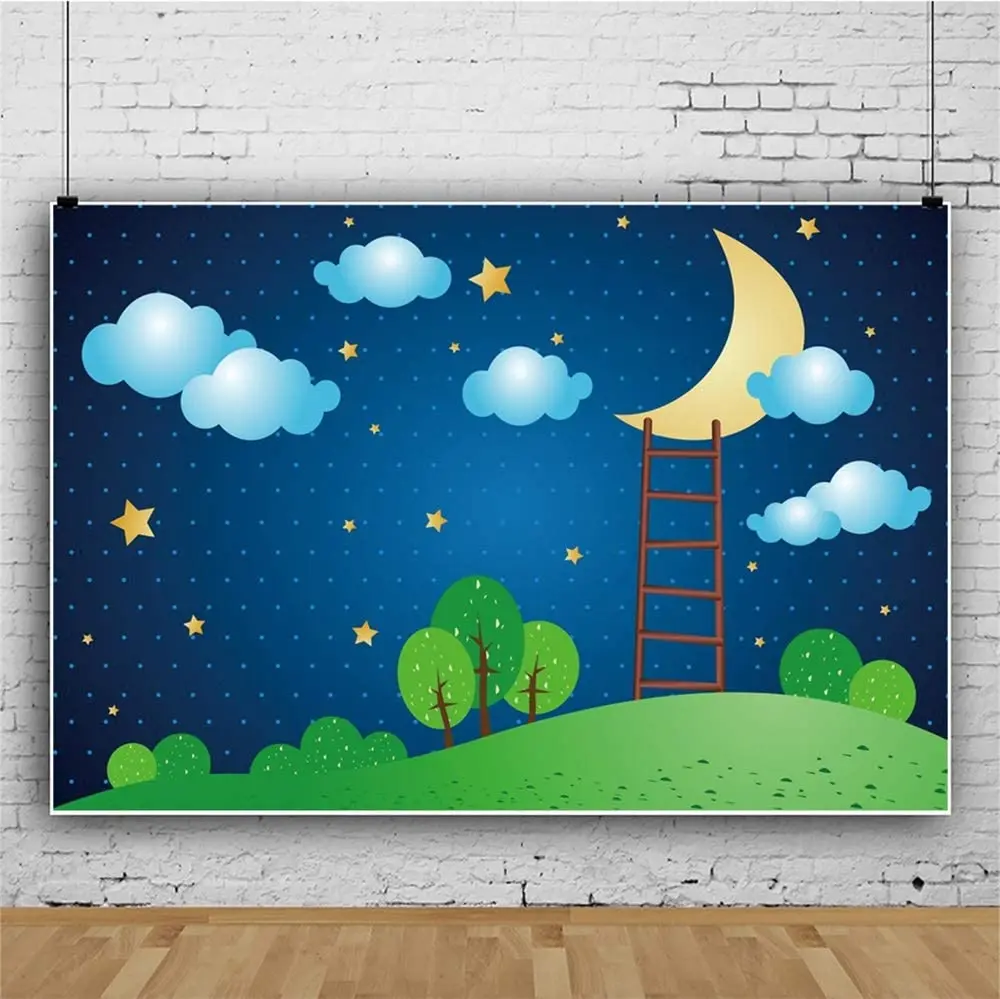 

Cartoon Starry Sky Photography Backdrop For Baby Shower Birthday Party Background Green Lawn Little Stars Moon Green Tree Pajama