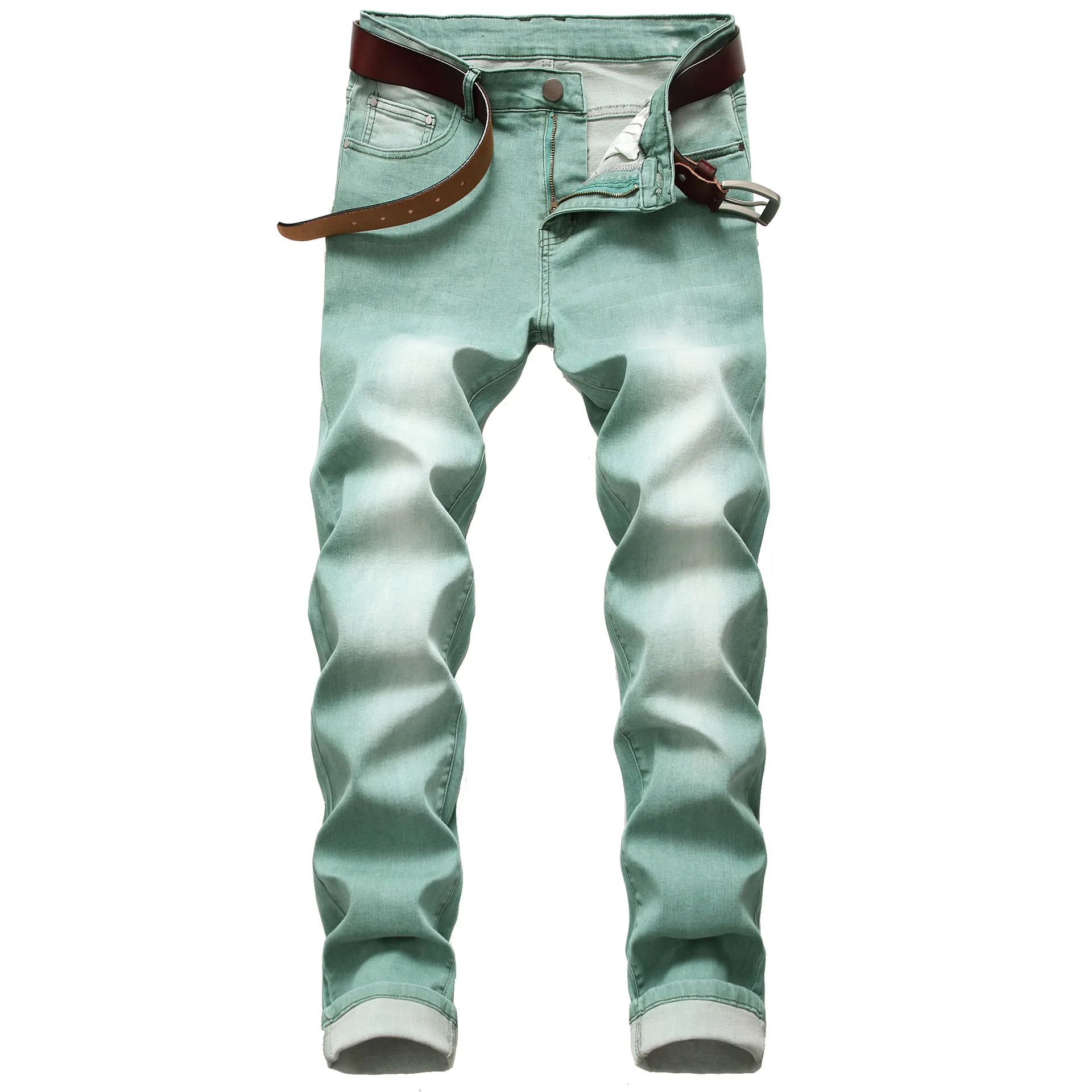 

2021 Men's Slim Fit Elastic Minimalist Denim Trousers Youth Light Green Jeans