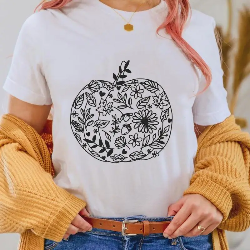 

Halloween Flower Trend Pumpkin 2021 Fall Autumn Thanksgiving Women T Top Print Tee Shirt Female Sweet Cartoon Graphic T-Shirts