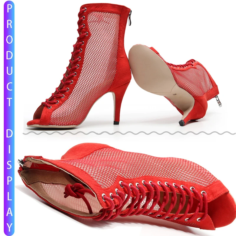 Outdoor Salsa Tango Ballroom Social Buty Latino Dance Shoes Women 2020 Pole Heels Red Shoelace Latin Dancing Net Red Women Boots