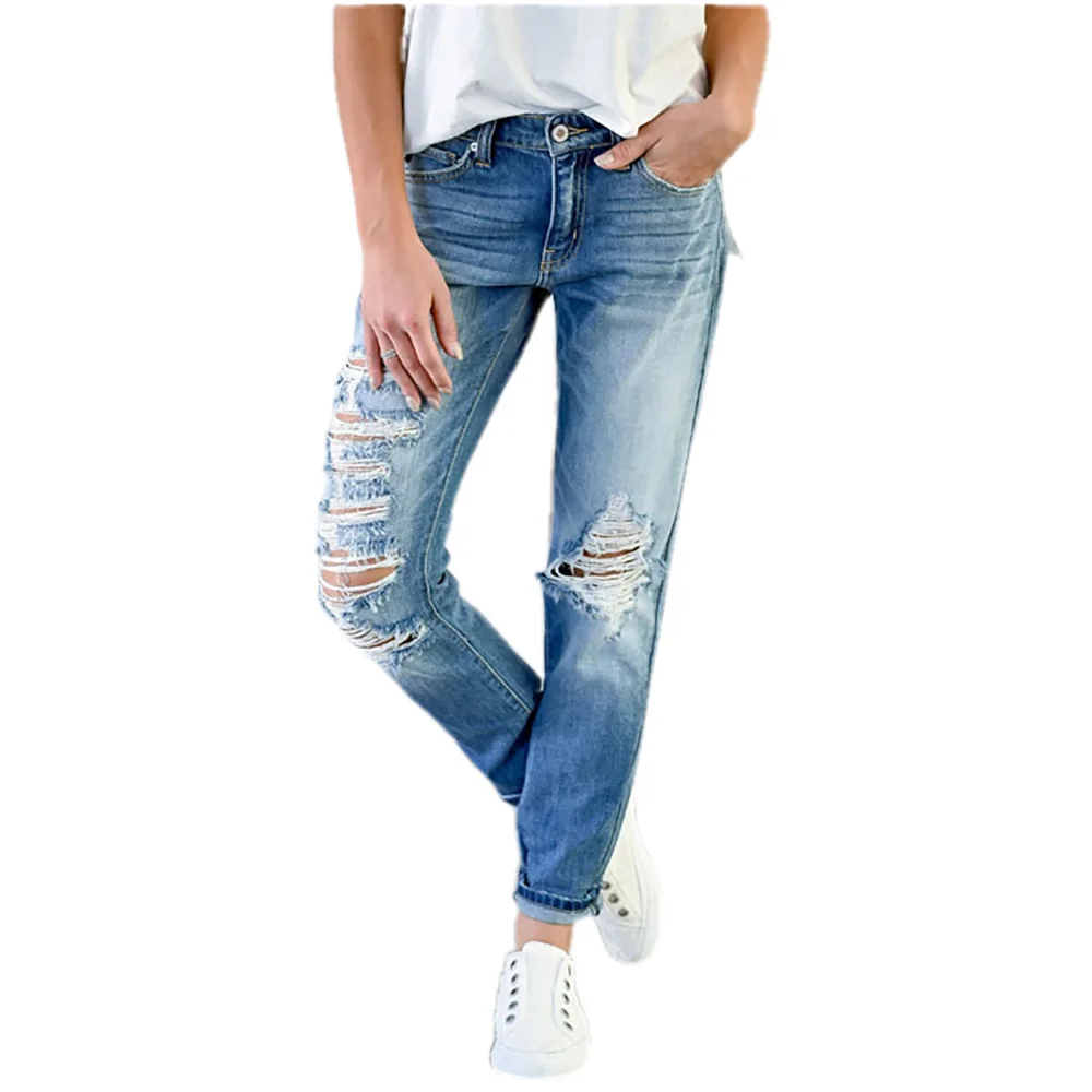

The new summer 2021 fashion high-waisted ripped jeans show leaner wash straight jeans with wide legs pants for women y2k