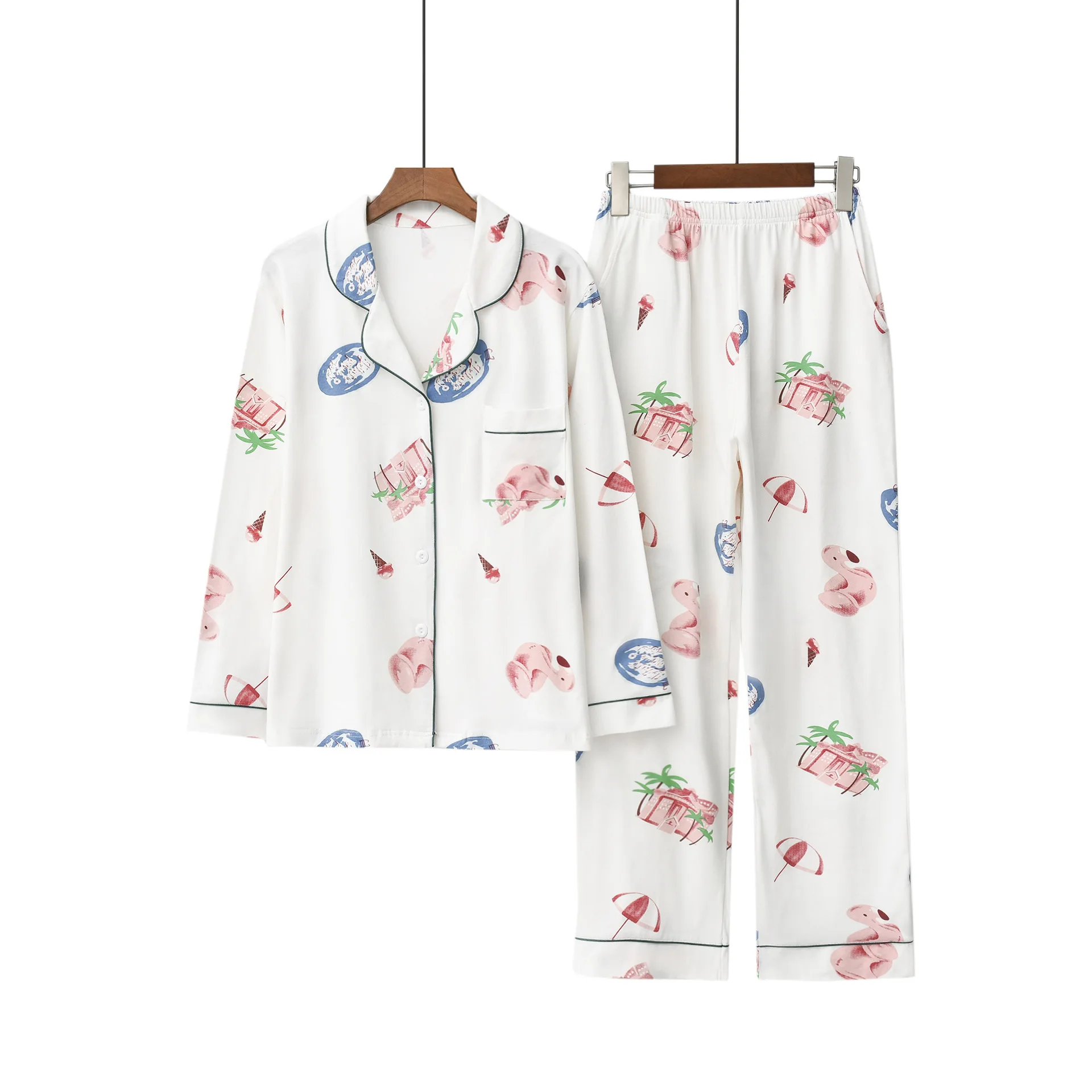 Весенняя Осенняя Пижама для женщин с длинными рукавами и отложным воротником