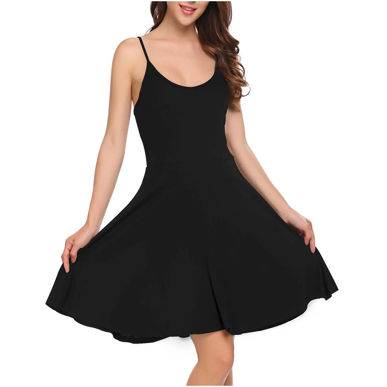 Женское мини-платье на бретелях-спагетти с круглым вырезом и открытой спиной -