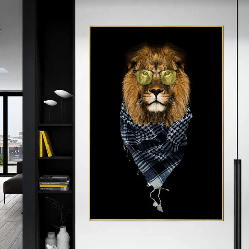 

Abstract Wild Animal Lion Wall Art Print On Canvas Paintings Posters Wearing Glasses Scarf Picture for Living Room Home Decor