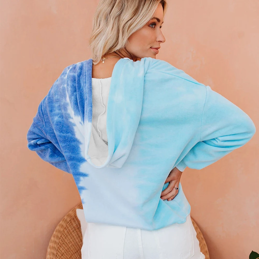 

Autumn Tie Dye Hoodie Sweatshirt Women Harajuku V Neck Long Sleeve Hooded Pullovers Teen Street Hip Hop Loose Leisure Streetwear