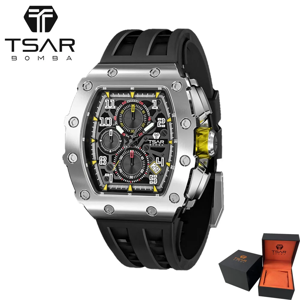 Mens Watch TSAR BOMBA Luxury Brand Wristwatch TMI VK67 Quartz Movement Stainless Steel Chronograph Waterproof Casual Watches