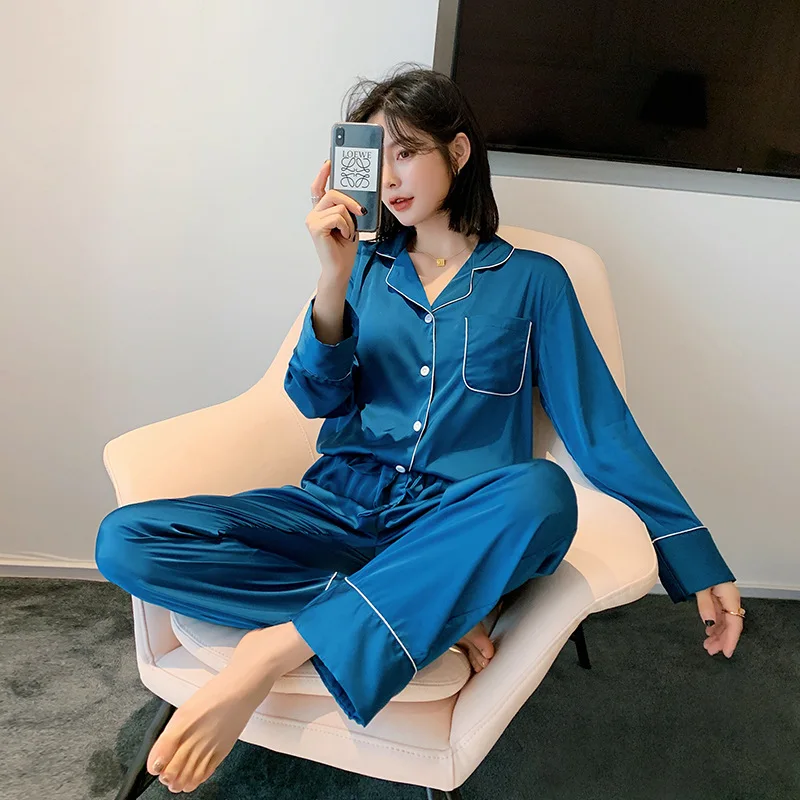 

New Ladies Pajamas Suit Long-sleeved Solid Home Wear Korean Sexy Autumn Silk Pyjamas with Bag Pajamas Women Sleepwear Loungewear