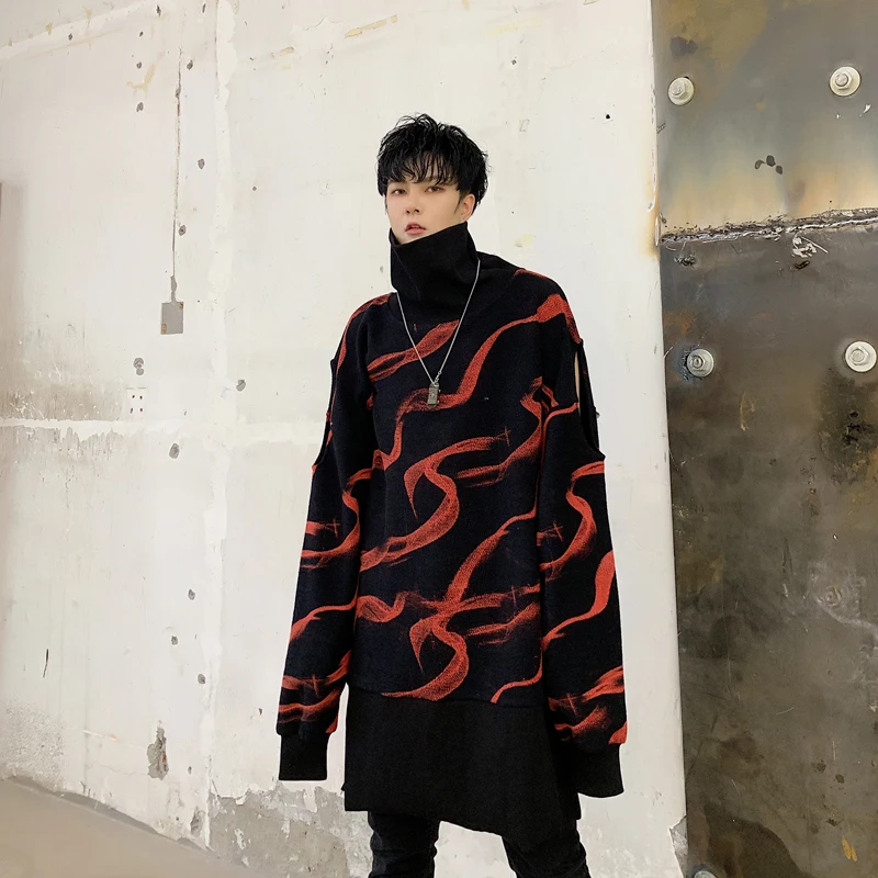 Мужская повседневная Водолазка с длинным рукавом Свободный пуловер принтом уличная одежда длинный свитшот