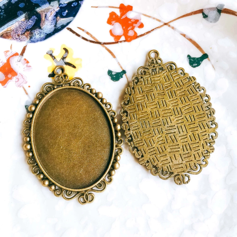 5pcs/lot 30x40mm Necklace Pendant Setting Antique Bronze Silver Color Glass Cabochon Blank Base Supplies for Jewelry T118 | Украшения и
