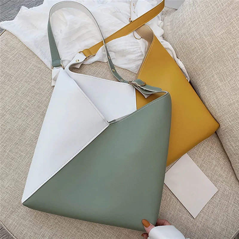 

Splicing Contrast PU Leather Bucket Bags For Women 2022 Summer Crossbody Bags Lady Shoulder Simple Bag Female Travel Handbags