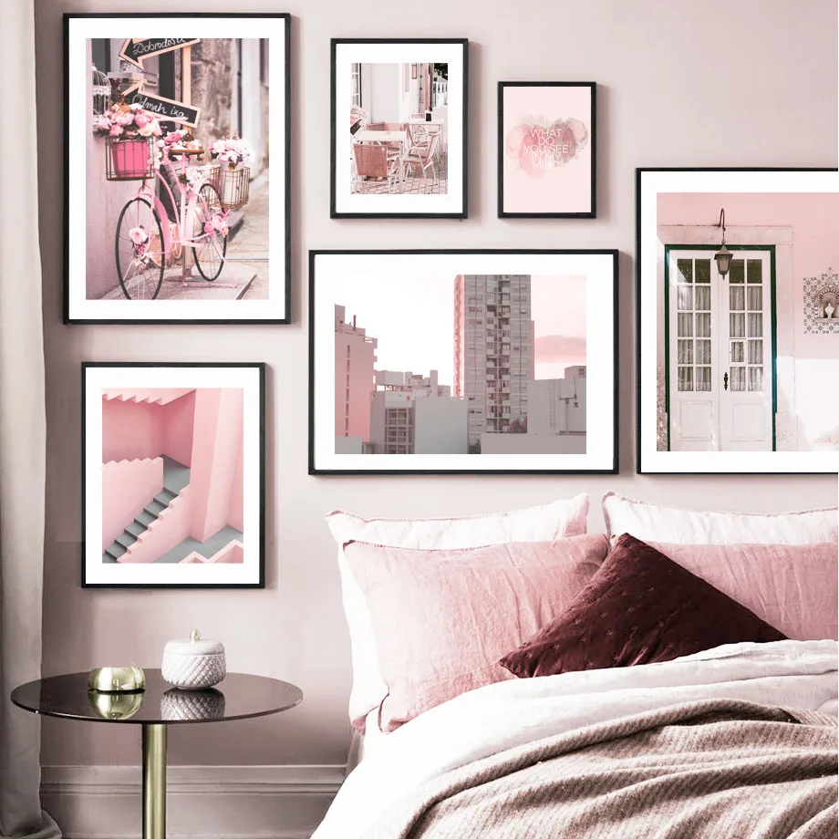 

Pink City Landscape Canvas Prints Bicycle Bike Posters On The Wall Modern Girl Room Decor Paintings Frameless Home Decor