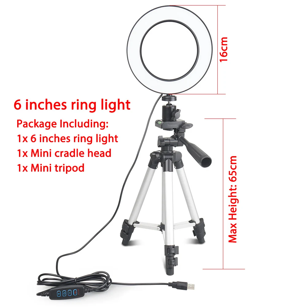 6 light 65 tripod Capsaver 6 дюймов 20 см 26 см светодиодный светильник для селфи кольцевые лампы с регулируемой яркостью для макияжа кольцевая лампа USB кольцо с фотографией светильник для видео Youtube Live - Цвет: 6 light 65 tripod