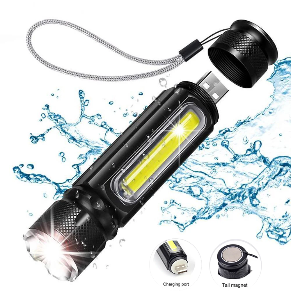 

Waterproof Outdoor Built-in Battery LED Flashlight USB Rechargeable T6 COB Torch Zoom 5 Modes Flash Light Magnetic Attraction