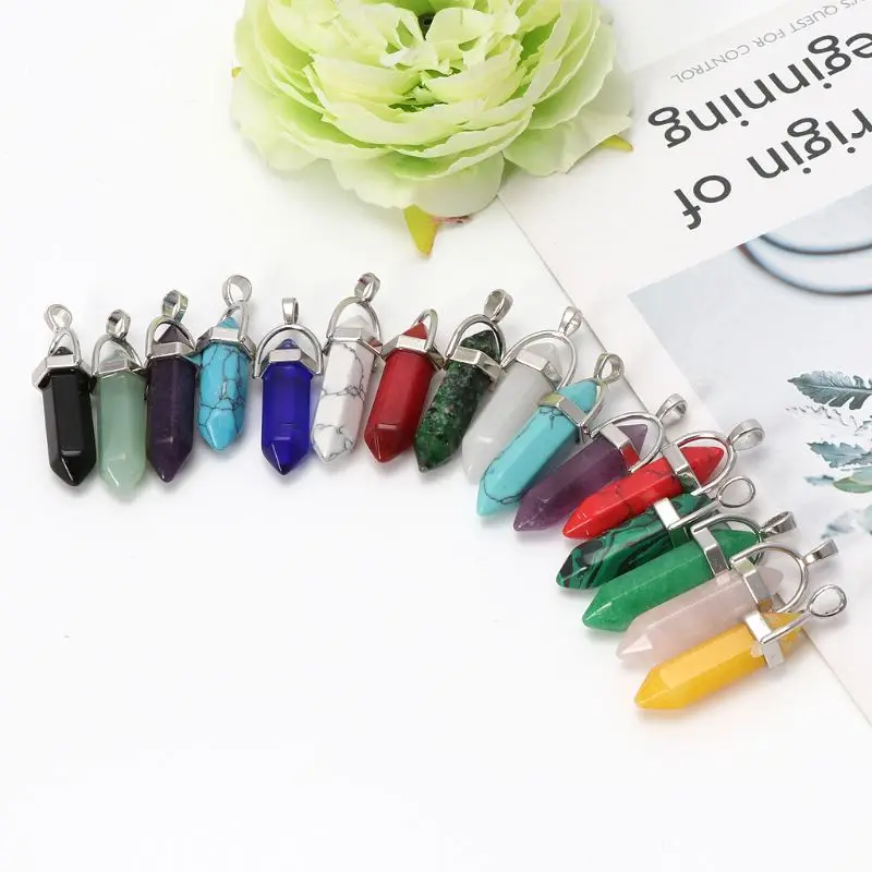 

16Pcs Bullet Shape Healing Pointed Chakra Pendant Quartz Crystal Stone Charm DIY
