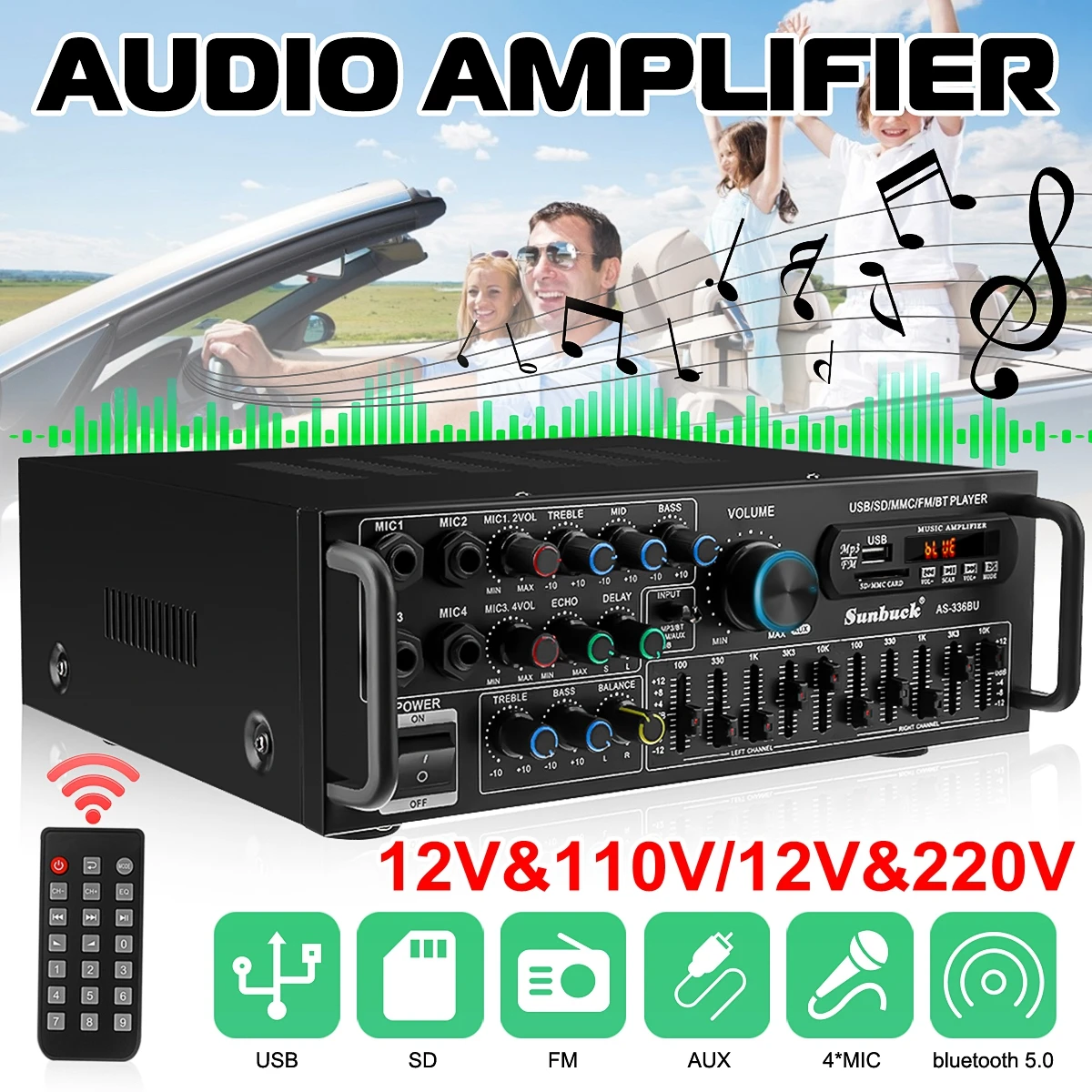 Стереоусилитель с поддержкой bluetooth 2000 вт USB SD AMP FM DVD AUX жк дисплей пульт