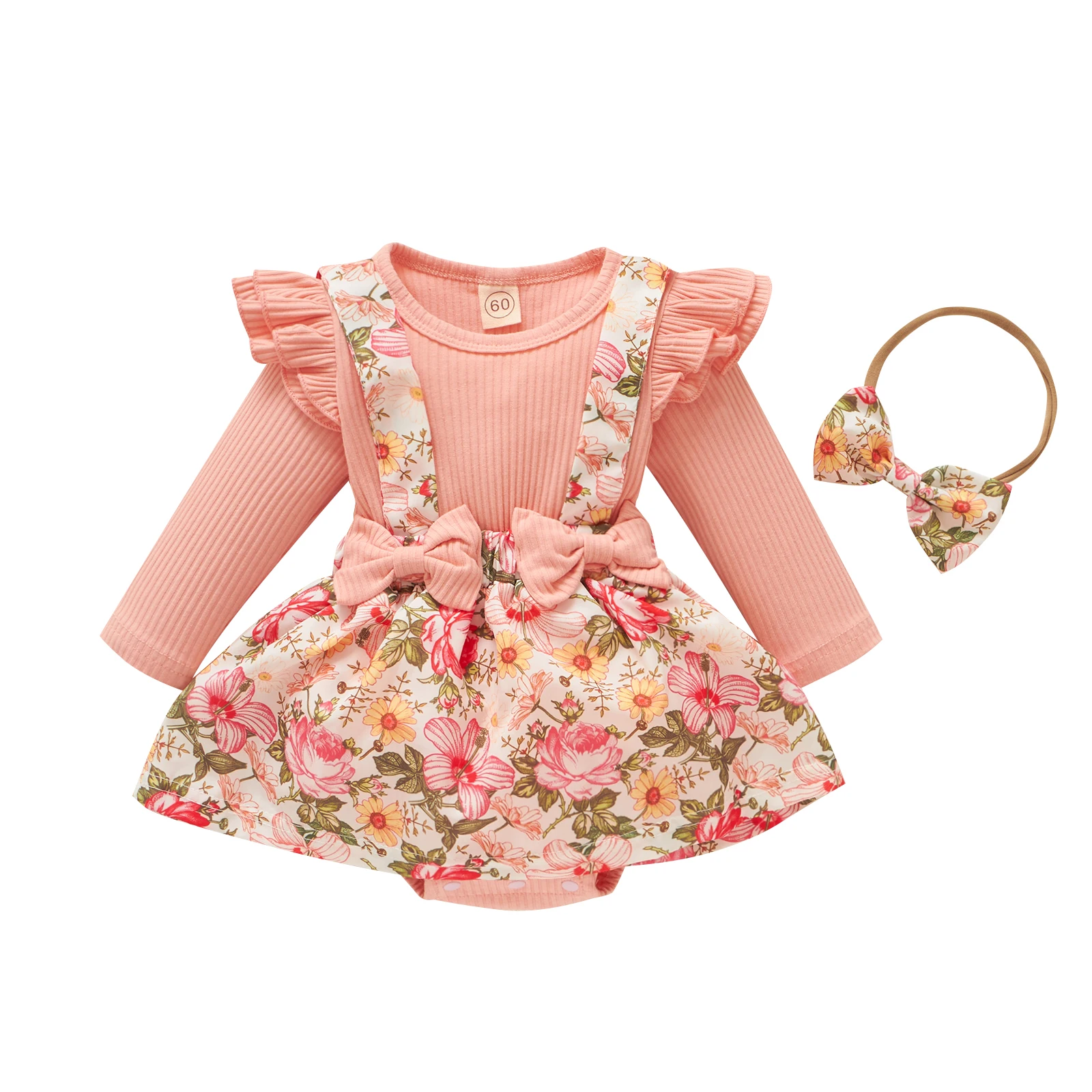 

Baby Girls Two-piece Clothes Set Floral Printed Pattern Long Sleeve Romper and Headdress Pink/ Purple