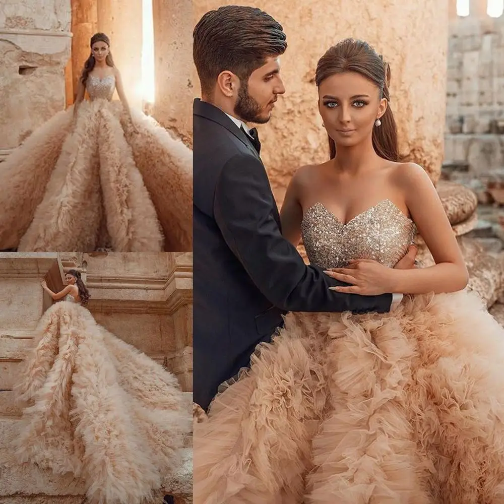 

2021 Champagne Wedding Dresses Sweetheart Sequined Top Ruffle Sweep Train Custom Made Bridal Gowns vestido de novia