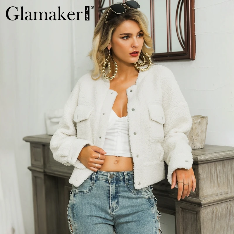 Glamaker, белое тонкое пальто из искусственного меха, короткая верхняя одежда для женщин, зима, сексуальное меховое пальто с карманами, Женская куртка клуба, пальто, уличная одежда, осень