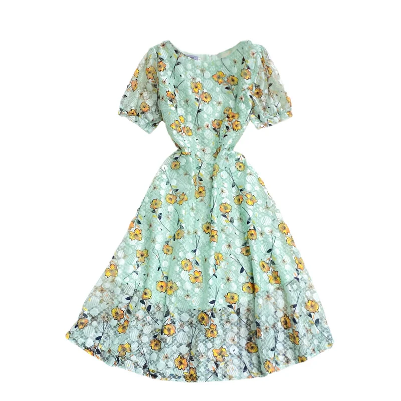

Women Vintage Printed Round Neck Lace Dress Green Fashion Ladies Short-Sleeve Summer New Bodycon Slim Midi Dresses