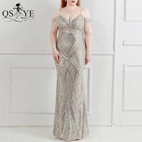 silver evening dresses beading side sleeves prom gown shoulder straps sequin formal party gown mermaid plus size silver dress